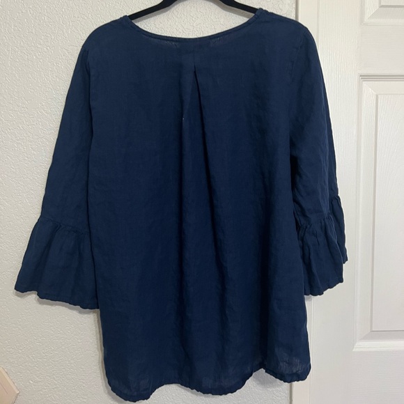Bryn Walker Fran Linen Navy Blue Ruffle Bell Sleeve Top - Picture 7 of 11